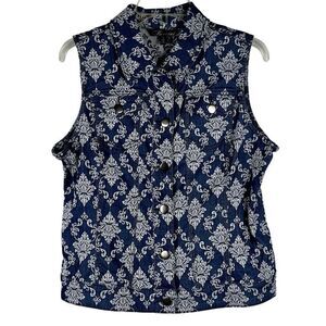 Baccini Floral Denim Style Sleeveless Button Down Collard Vest Large
